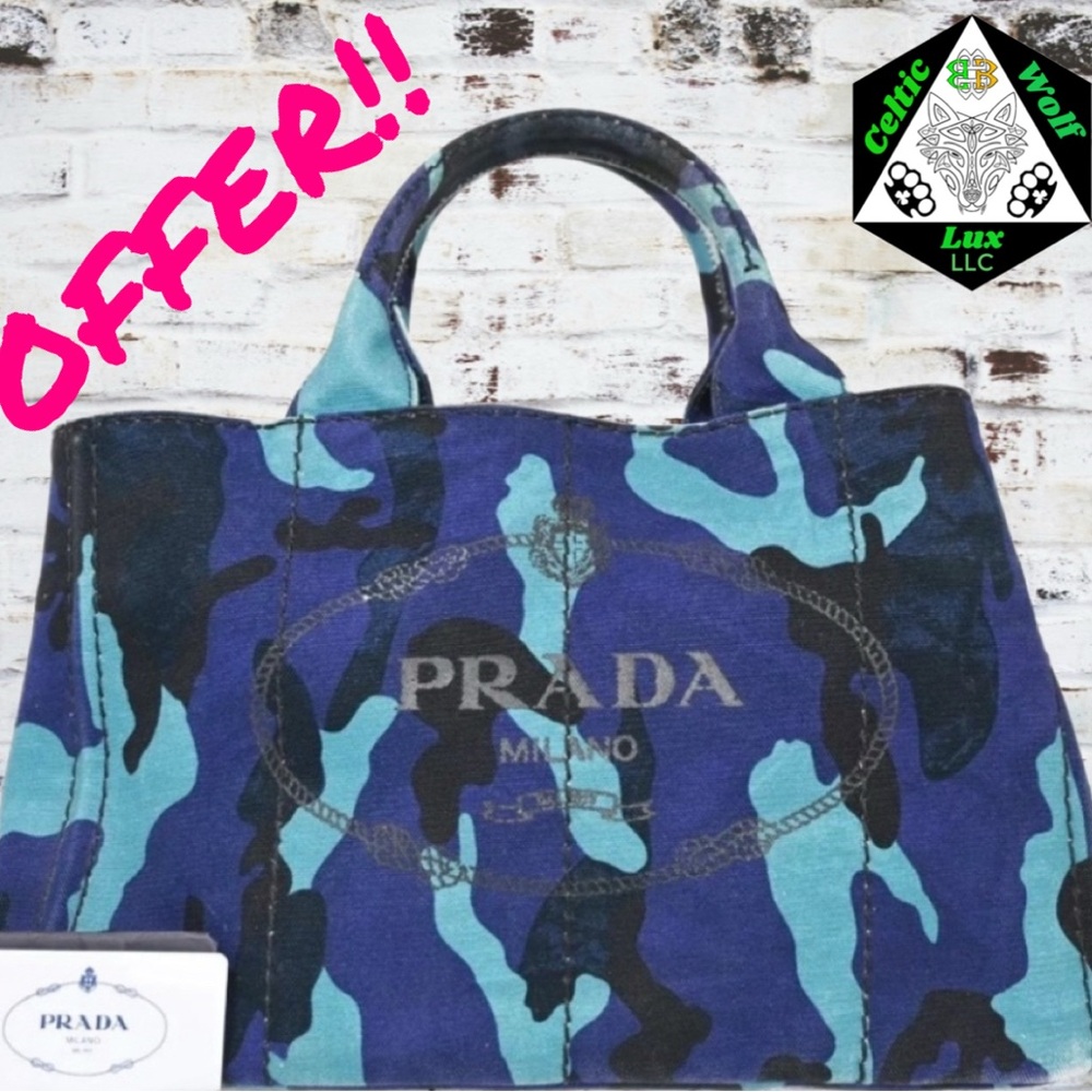 PRADA CANAPA M Camouflage Navy Blue Hand/Tote Canvas Bag In GUC Rare Find